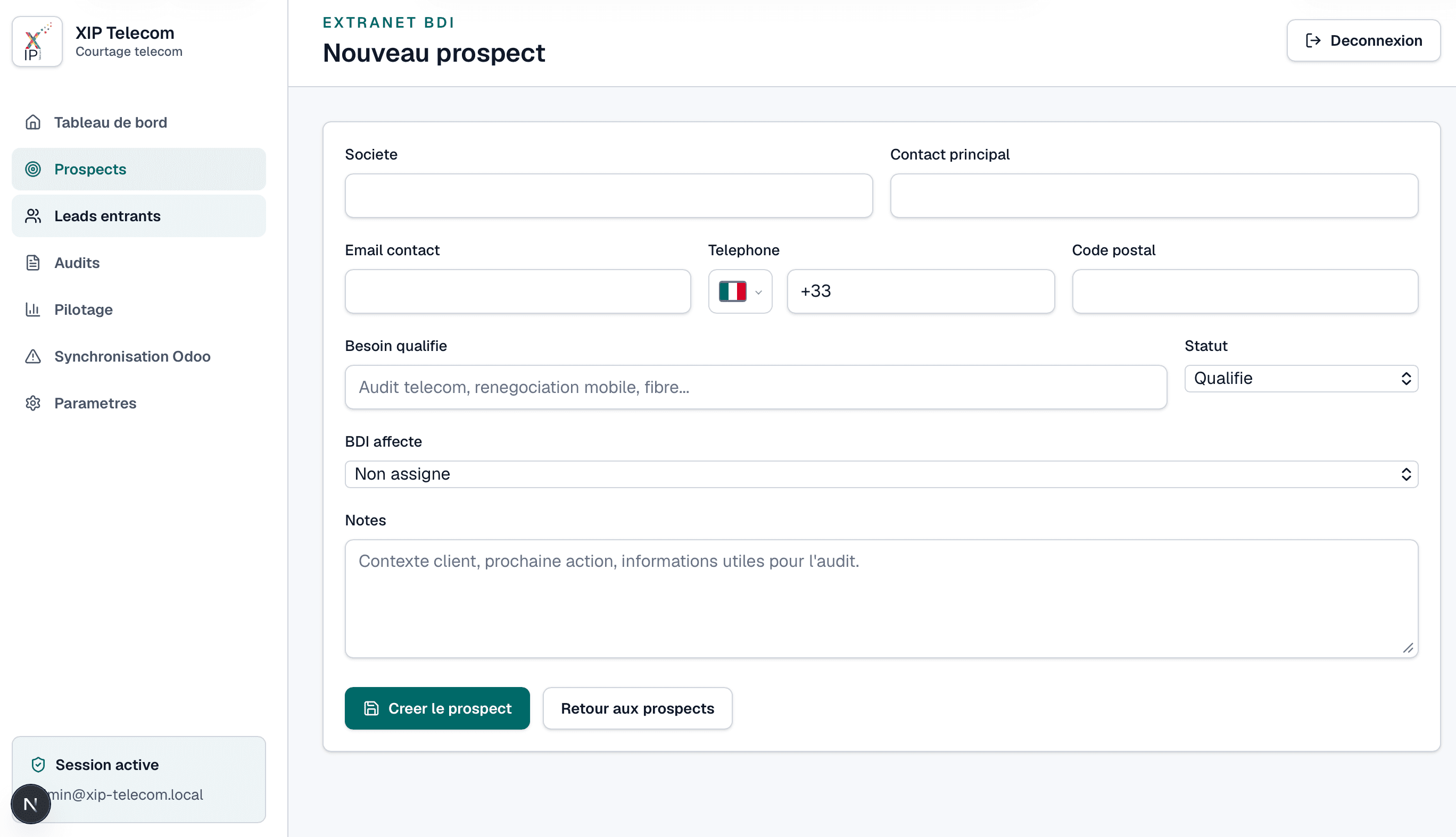 Extranet BDI : Création de prospect